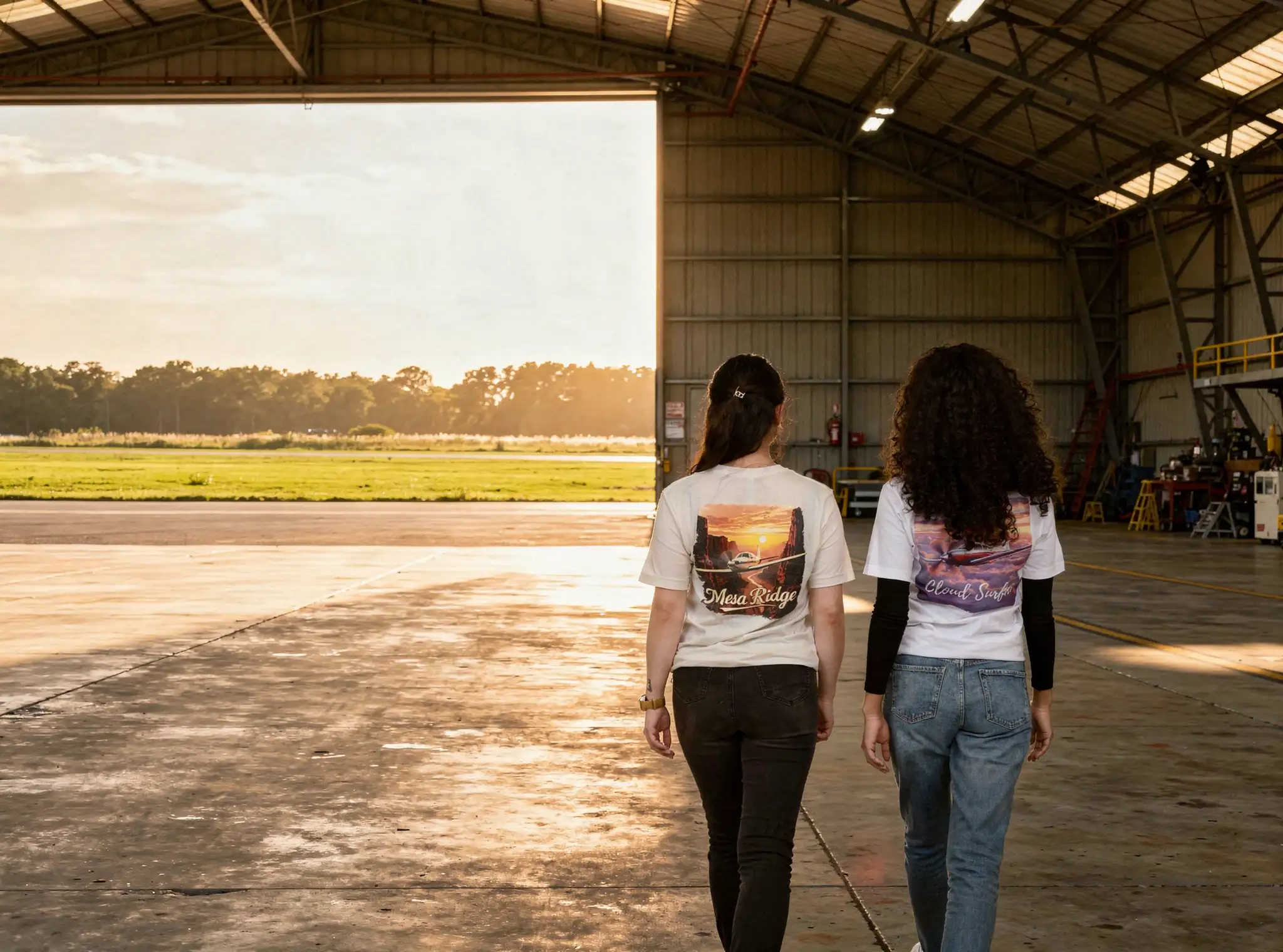 Woman in aviators and fleece securing aircraft tie-down. Crosswind Culture aviation tee lifestyle placeholder